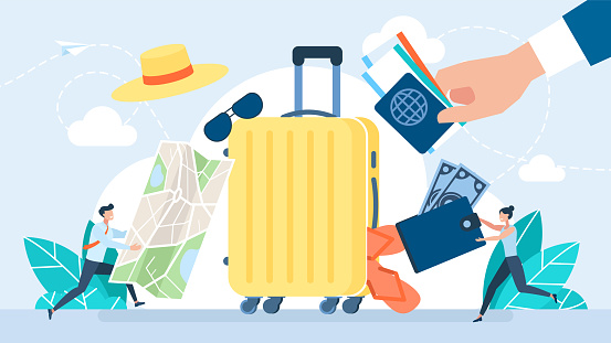 Suitcase with packed clothes for travel. Passport, clothing, sunglasses, tickets, flip-flops, map, money and accessories. Packing luggage for travel. Many things. Vector flat cartoon illustration