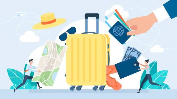 Vector illustration of Suitcase with packed clothes for travel. Passport, clothing, sunglasses, tickets, flip-flops, map, money and accessories. Packing luggage for travel. Many things. Vector flat cartoon illustration