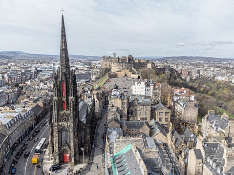 An aerial view of the ancient Royal Mile in the morning