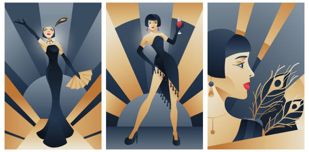 collection of illustrations of women, blue-black and gold colours collection of illustrations of women in art deco style, blue-black and gold colours 1930s style men image created 1920s old fashioned stock illustrations