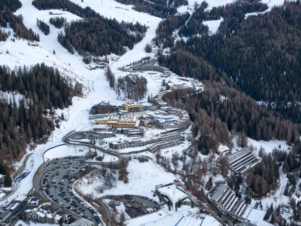 Aerial view of the town of Pila in Aosta Valley. Skiing and snowboarding destination in Italy An aerial view of the town of Pila in Aosta Valley. Skiing and snowboarding destination in Italy pila stock pictures, royalty-free photos & images