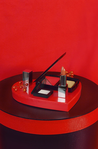 A Set of Cosmetics on the Red Background/Studio Shot