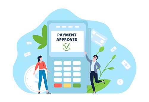 Payment approved in bank card pay terminal. Cashless in store or online shop. Financial banking vector concept with happy flat business characters. Illustration of payment transaction by terminal