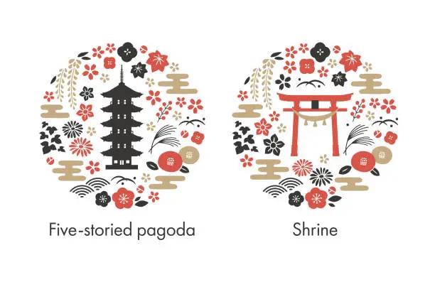 Vector illustration of Five-storied pagoda and shrine and plants Japanese design 2