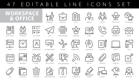 Office and Workplace Icon Set with Editable Stroke and Pixel Perfect