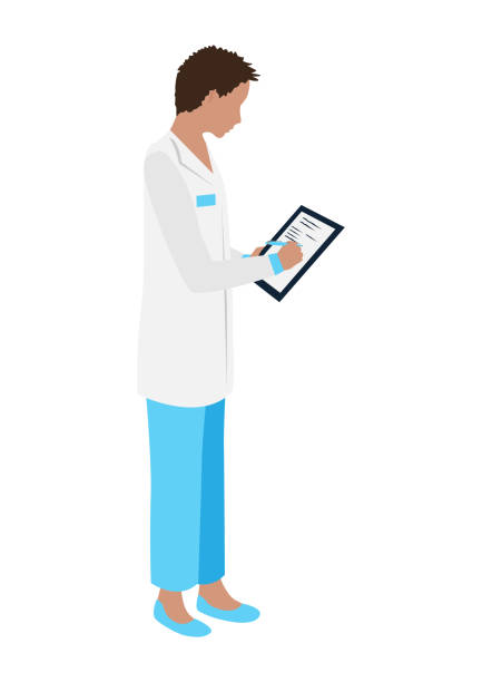 Doctor writes A doctor or nurse stands with a clipboard and writes down a prescription or a diagnosis. Thank you doctors and nurses. Vector illustration in a flat style. cartoon of medical records stock illustrations