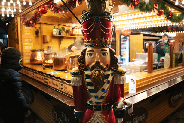 Strasbourg, France - December 2021 - Nutcracker decoration on a Christmas chalet in Strasbourg market Alsace