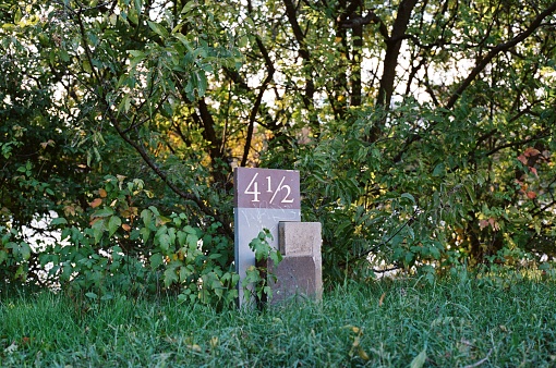 A numbered milestone (4 and half) placed near a shrub in a green field