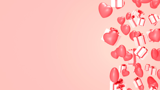 Hearts and gift boxes on pink background. Valentine day backdrop. 3d render illustration.