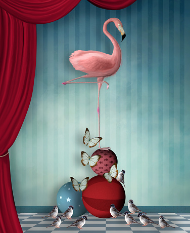 Surreal illustration with a pink flamingo and sparrows on stage – 3D illustration