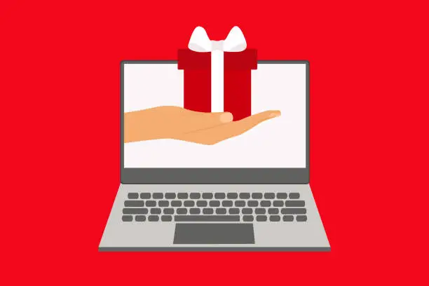 Vector illustration of Hand Presenting Gift Box On Laptop Screen