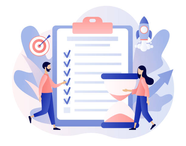 illustrazioni stock, clip art, cartoni animati e icone di tendenza di concetto di produttività. pianificazione efficace del lavoro. disciplina, gestione del tempo, prestazioni dei dipendenti e auto-organizzazione. moderno stile cartone animato piatto. illustrazione vettoriale su priorità bassa bianca - valutazione delle prestazioni
