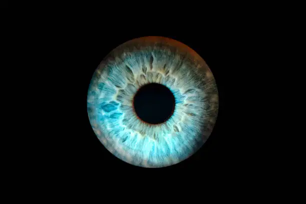 Photo of Macro shot of female eye, iris, cropped on black background, usable as creative background