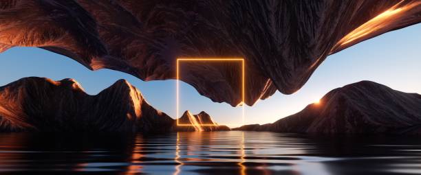 istock 3d render, neon square frame glowing over the futuristic landscape with cliffs and water, sunset or sunrise. Modern minimal abstract background. Spiritual zen wallpaper 1449063416