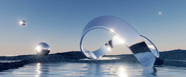 istock 3d render, abstract futuristic background, northern panoramic landscape, fantastic scenery with calm water, geometric glossy chrome infinity shape and blue gradient sky. Minimal aesthetic wallpaper 1449063826