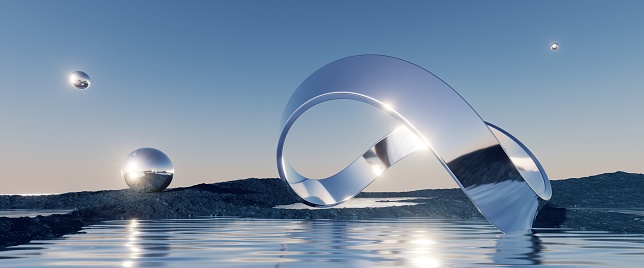 3d render, abstract futuristic background, northern panoramic landscape, fantastic scenery with calm water, geometric glossy chrome infinity shape and blue gradient sky. Minimal aesthetic wallpaper