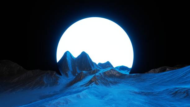 istock 3d render, abstract virtual panoramic scene. Surreal landscape with blue rocky mountains and round shape. Fantastic background 1449063860