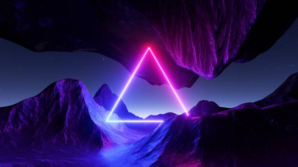 istock 3d rendering. Abstract futuristic neon background. Fantastic landscape with glowing geometric triangular frame and mountains 1449063885