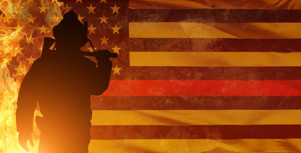 Thin Red Line. Black Flag of USA with Firefighter red Line.