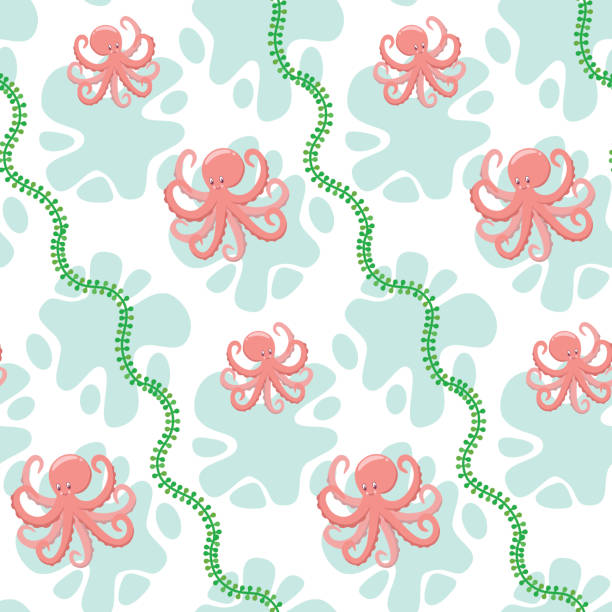 розовый осьминог на зелено-белом пастельном фоне бесшовный узор для детской одежды - wave pattern pattern green seaweed stock illustrations
