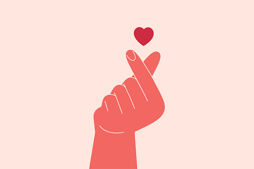 Finger mini heart symbol. Left Human Hand with index finger and thumb crossed. Korean Gesture of love and respect. Vector illustration