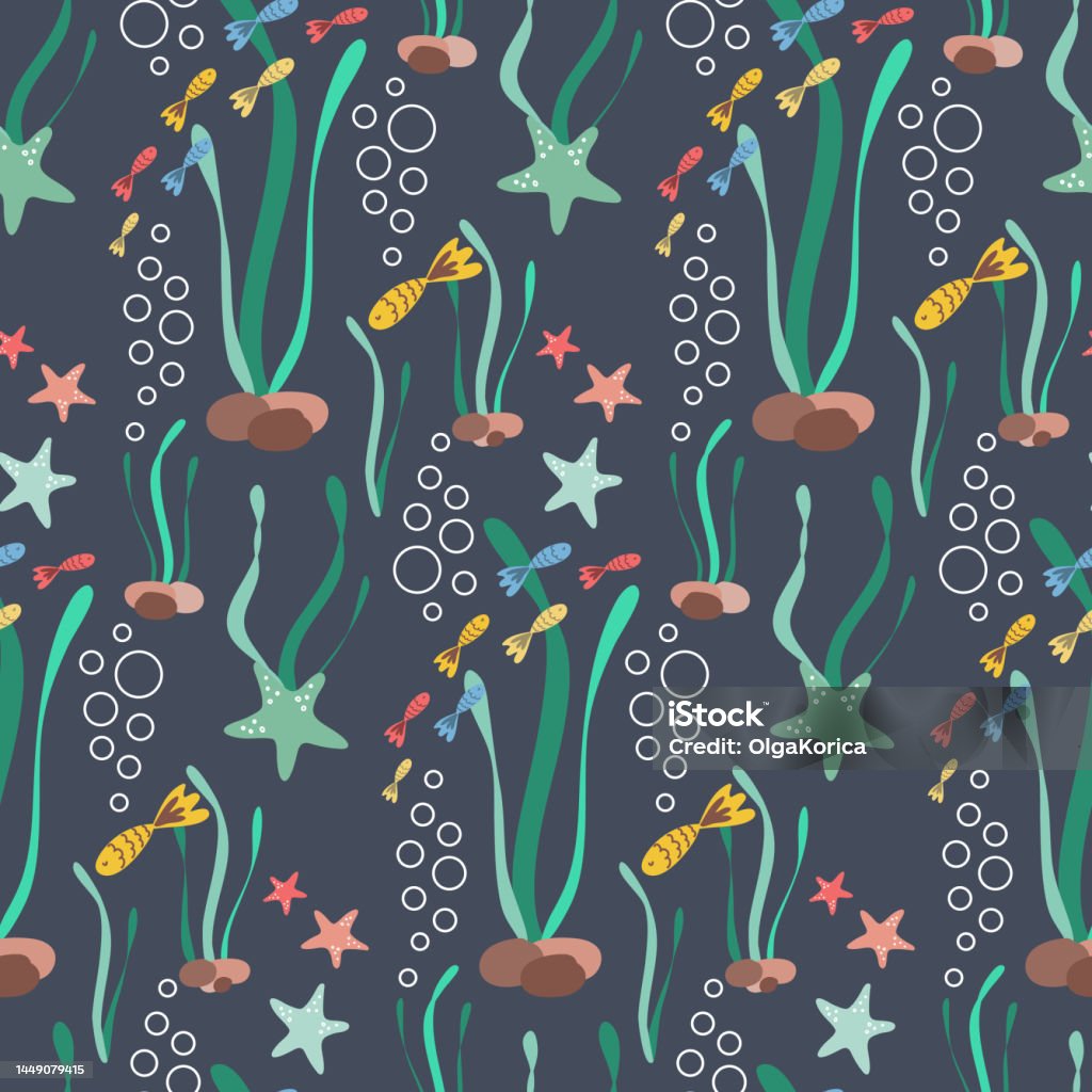 Pattern Fish Swim In Marine Seamless Pattern Small Fish Swimming Among Algae And Starfish ...