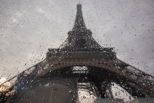 Abstract photo of the Eiffel Tower on a rainy day.