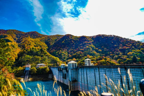 istock Shinkawa Dam and Autumn Mountains 1449084441