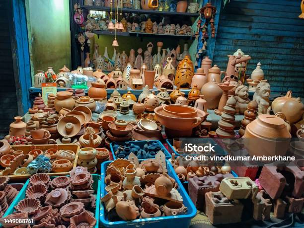 Stock Photo Of Clay Made Pots Oil Lamps Decorative Items Animals Lantern Traditional Stove Idols Kept On Street For Sale In The Local Market Area At Kolhapur Maharashtra Indiafocus On Object Stock Photo - Download Image Now