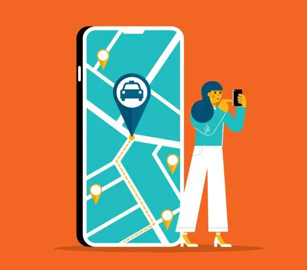 Vector illustration of Person use autonomous online car sharing service - Businesswoman