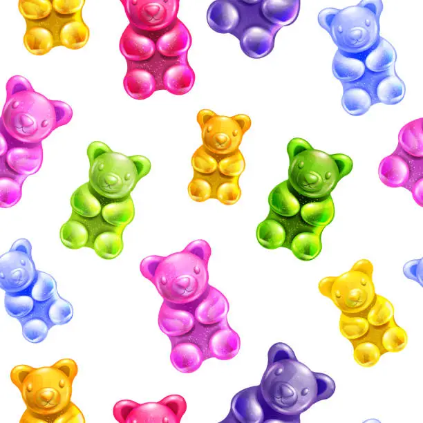 Vector illustration of Jelly gummy bear seamless pattern, vector cute colored cartoon kids candy texture, fruit dessert.