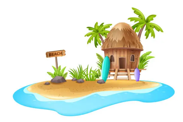 Vector illustration of Tropical island vector illustration, palm trees, stranded Caribbean beach hut, sand sea shore, stone.