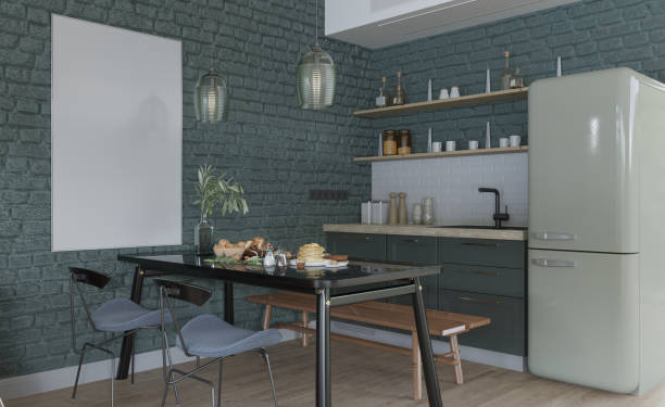 istock Vertical golden frame mockup in modern blue classic kitchen background 1449098855
