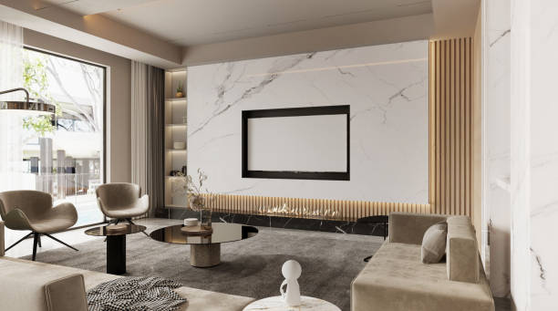 istock modern living room with fireplace empty tv screen for making mockup 1449098969