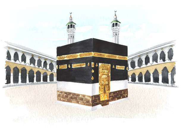kaaba와 사우디 아라비아의 메카 그랜드 모스크의 첨탑. 흰색 배경에 격리된 손으로 그린 수채화 그림 - minaret stock illustrations
