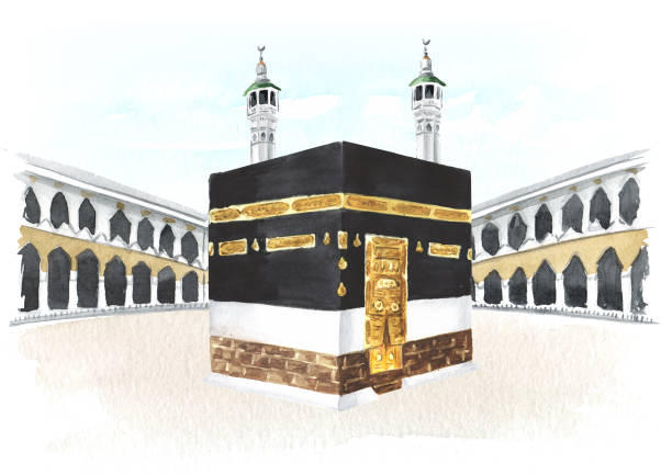 kaaba i minarety wielkiego meczetu w mekce w arabii saudyjskiej. ręcznie rysowana akwarela ilustracja, izolowana na białym tle - minaret stock illustrations