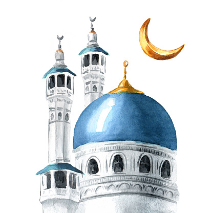 Islamic mosque, ramadan kareem concept, decorative card. Hand drawn watercolor illustration, isolated on white  background