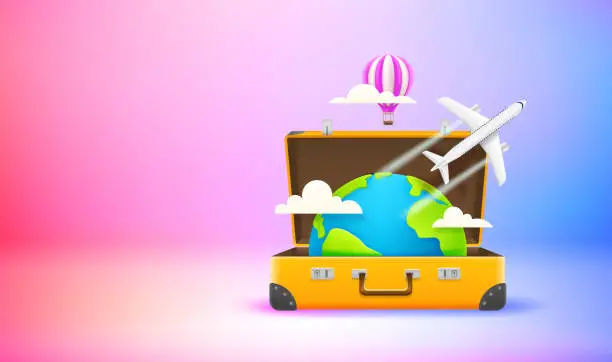 Vector illustration of Season travel concept with suitcase. Vector 3d banner with copy space