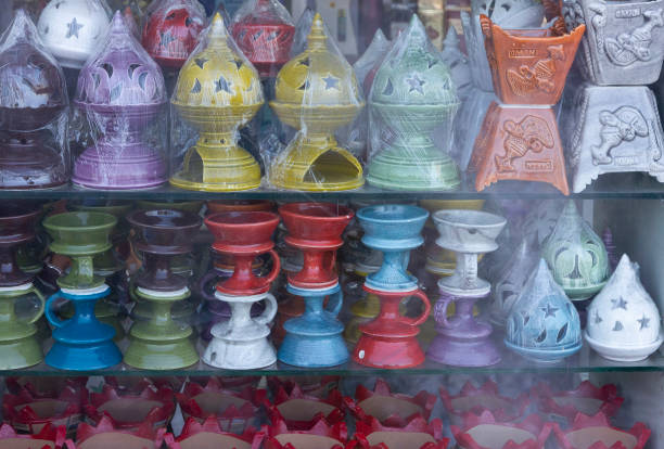 Traditional ceramic souvenirs on Muscat market, Oman, Arabic incense lamps