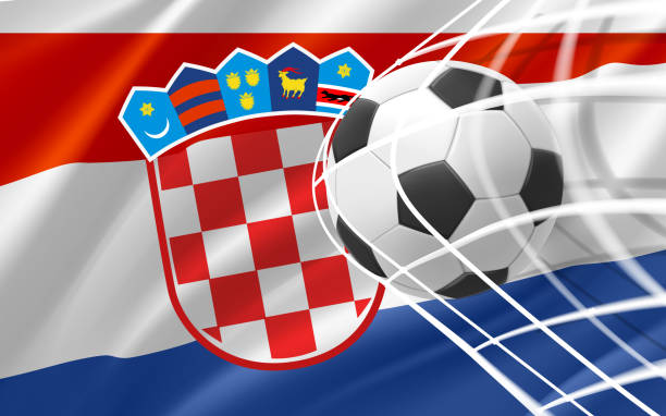 istock Realistic leather soccer ball in the net with flag of Croatia. 3d vector illustration 1449100361