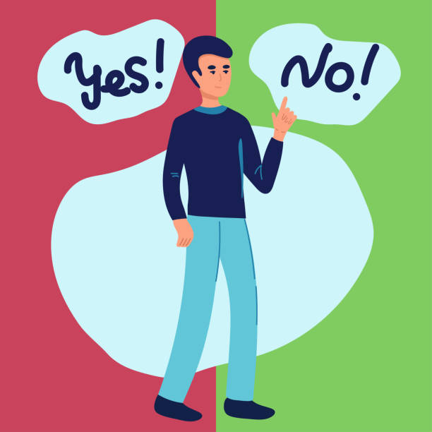istock Man making choice between yes or no . Person thinking about question of good investment flat vector illustration. Financial cost, payment concept for banner, website design or landing web page 1449100894