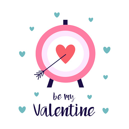 valentines card of darts board isolated on white background, greeting vector illustration with target and red heart in the center