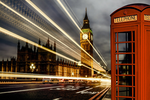 London with Big Ben and red Phone Booth during evening in England, UK