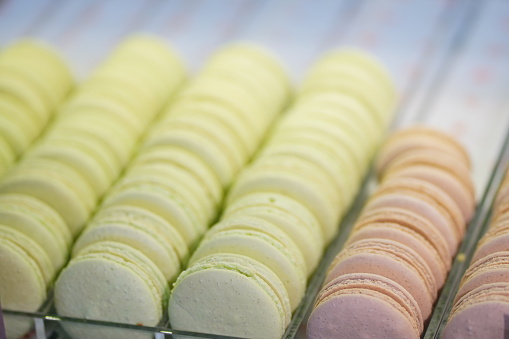 Close-up of colorful macaroons in store