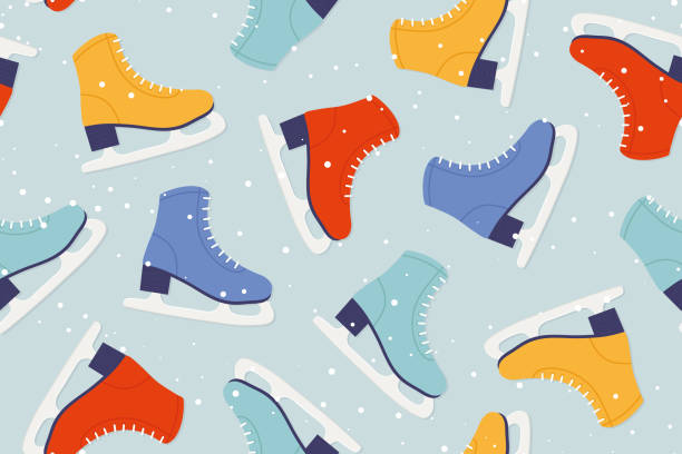 illustrazioni stock, clip art, cartoni animati e icone di tendenza di modello senza cuciture con pattini da ghiaccio colorati e neve - ice skates