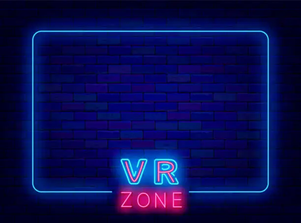 Vector illustration of VR zone neon banner. Empty blue frame with space for text. Luminous poster. Vector stock illustration