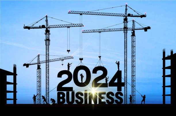 Business in the New Year 2024. Vector illustration business finance background. Large construction site crane building a business text idea concept. Black silhouette illustration design. vector art illustration