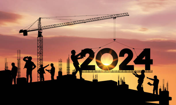 Concept New Year 2024 for marking, construction plans. Developer. Future planning and goals. Silhouette of a construction crane at a construction site raising the number 2024 year. Realistic vector. vector art illustration