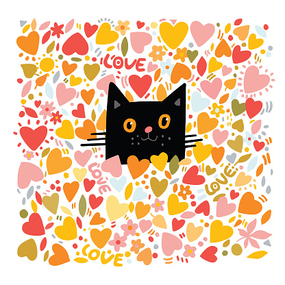 funny black cat looking out of the valentine colorful hearts