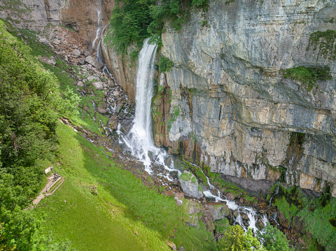 Aerial Panorama of the Seerenbach Falls, that are a cascading set of three waterfalls near Betlis of the Amden municipality near the Walensee, Switzerland.